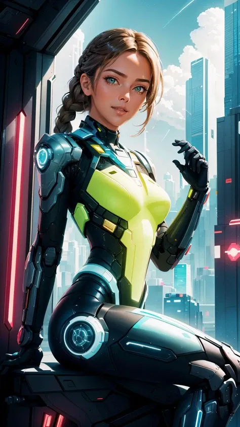 1girl, science fiction, power armor, cyberpunk, breastplate, skyscraper,  braid, floating hair, smile, dramatic lighting, night sky, 
masterpiece, best quality, intricate,  emb-melissatheuriau-v10-joysthokkins