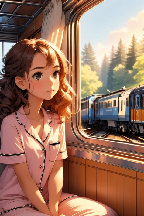 (masterpiece, best quality), 1girl, Carnation Side Swept Curls, tiny breasts, <lora:girlliketrainroomette:1> train roomette, bunk bed, pajamas, looking out the big window, breakfast on table, wooden wall