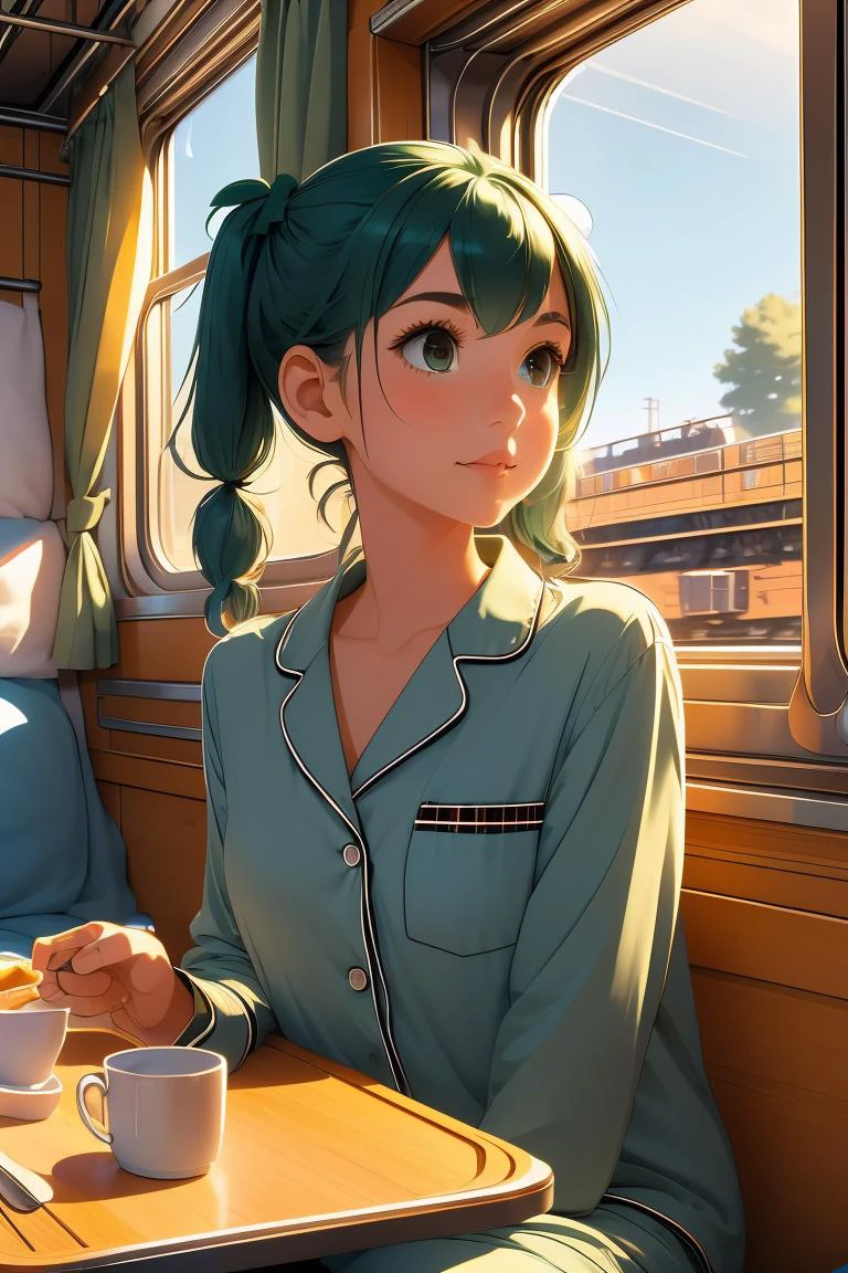(masterpiece, best quality), 1girl, Dark green High Pigtails with Colored Hair Ties, Sizes I to L breasts, <lora:girlliketrainroomette:1> train roomette, bunk bed, pajamas, looking out the big window, breakfast on table, wooden wall