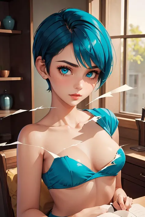 arafed woman with electric blue hair with little lighting bolts woven through her hair, deep ocean blue eyes, busty chest, and colorful tattoos on her upper arms, posing for a picture, beautiful blue haired girl, short blue haired woman, inked, pretty girl with blue hair, better known as amouranth, inked and colored, brilliantly colored, with blue hair, amouranth, short blue hair, sexy gaze, beautiful woman with blue hair, girl with blue hair, bug breasts