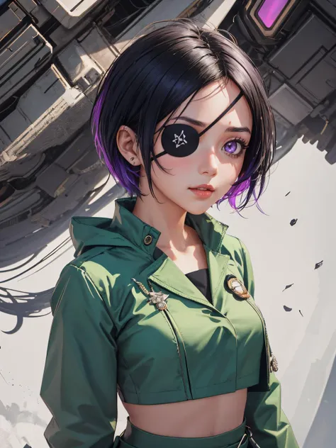 1girl, cyberpunk, science fiction,
masterpiece, best quality, intricate detail, depth of field, bloom, <lora:chrometest:0.9> chrome dokuro, black hair, eyepatch, (purple eyes:1.1), short hair,, crop top, eyepatch, school uniform, serafuku, skirt, green uniform,