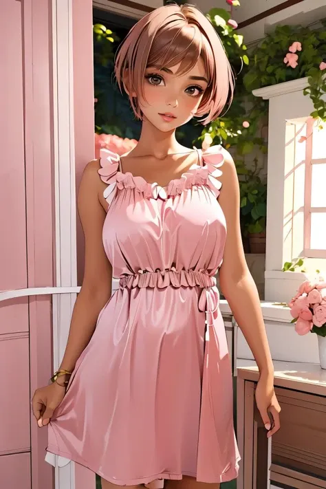 (masterpiece, best quality), 1girl, Brown Pixie Cut with Tapered Sides, Size H breasts,  <lora:p1nkn1ghty:1> p1nkn1ghty, pink negligee