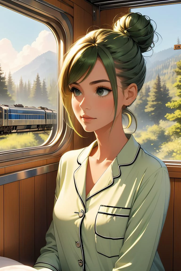 (masterpiece, best quality), 1girl, Sizes M to Z breasts,Grass green Sleek High Bun with Hair Cuff, <lora:girlliketrainroomette:1> train roomette, bunk bed, pajamas, big window, wooden wall, sleeping, white lace pajamas,