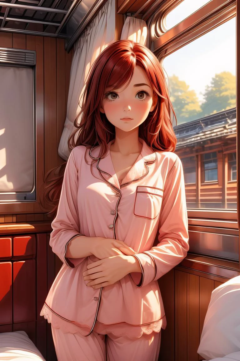 (masterpiece, best quality), 1girl, Size E breasts,Brick red Half-Up, Half-Down, <lora:girlliketrainroomette:1> train roomette, bunk bed, big window, wooden wall, sleeping, white lace pajamas, <lora:add_detail:0.8>, <lora:ScaredToSleepAlone:1> scared to sleep alone