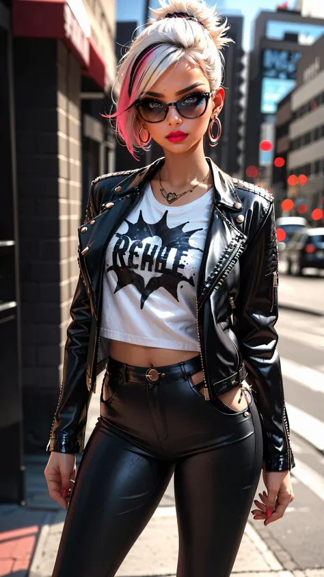 In the heart of a grungy city, an alternative girl stands out with her vibrant persona. Her bright, neon-colored hair cascades down her back, contrasting dramatically with the foggy background. A myriad of colorful tattoos adorn her arms and torso, each one telling a unique story. Piercings glint in her ears, nose, and lips, adding to her edgy style.
She wears a distressed band t-shirt, frayed at the edges, and ripped jeans that fit her like a second skin. The vintage boots she sports complete her look, their scuffed surface speaking of countless adventures. With a fierce expression and a confident pose, she defies