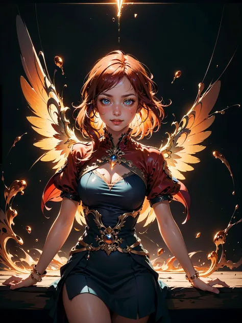 masterpiece, best quality, intricate detail, a woman with red hair and blue dress with a yellow and red swirl around her neck and her hair blowing in the wind, Anna Dittmann, seductive smile, highly detailed digital painting, an airbrush painting, fantasy art <lora:epiCRealismHelper:1> <lora:epiC35mm:1> epiC35mm <lora:epi_noiseoffset2:1>