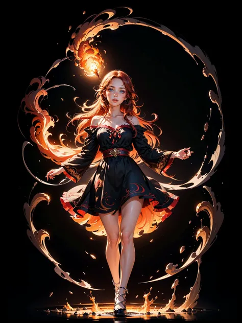 In the middle of a mystical forest shrouded in illusion, A captivating witch with red hair dances gracefully, manipulando chamas que parecem se materializar do nada. Her fire dress spins and flickers with mesmerizing patterns as she weaves an intricate dance of fire and illusion. The forest comes alive with the magical glow of the flames, creating a charming and fascinating spectacle.
