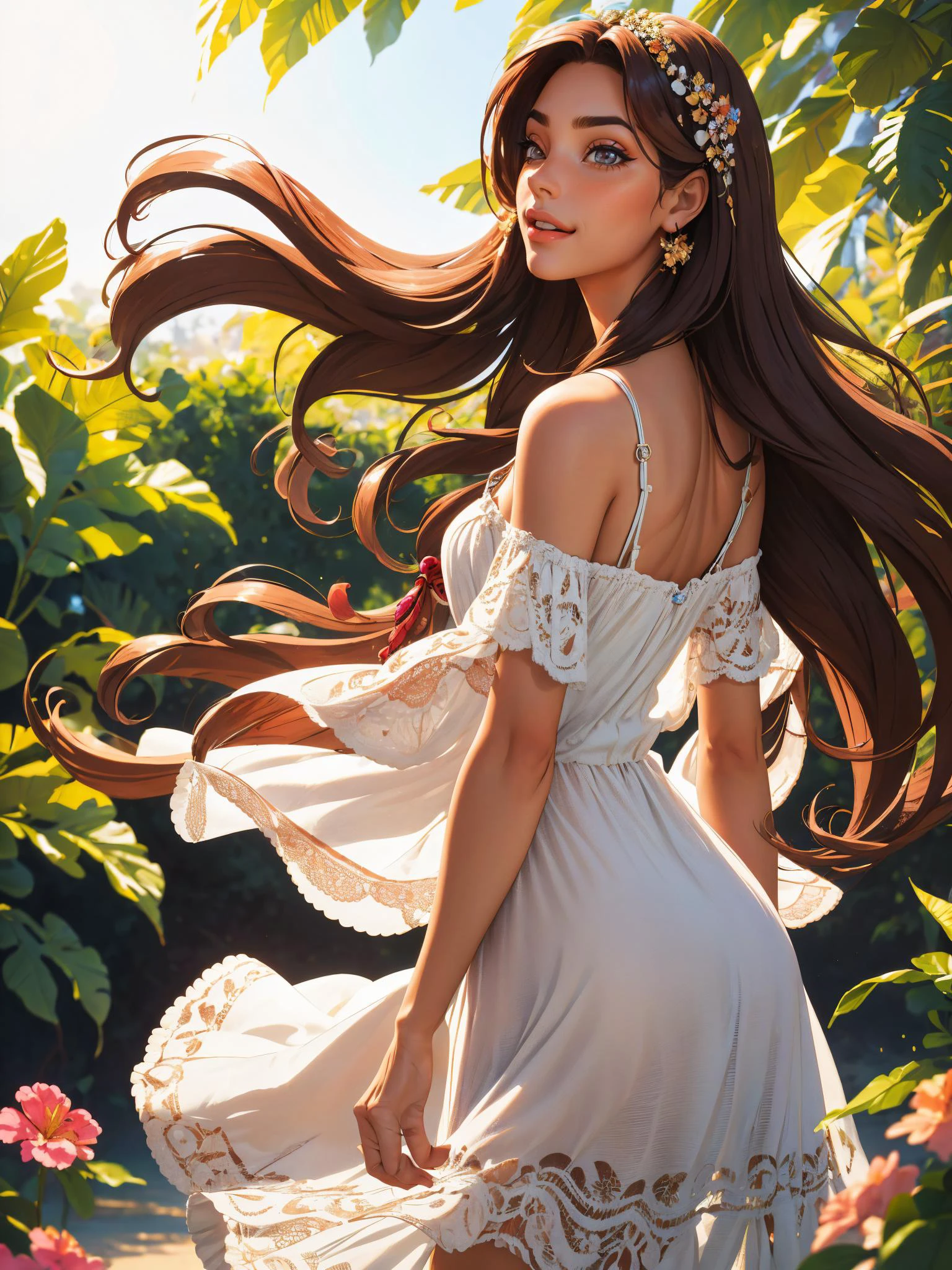 A youthful woman in her twenties, wearing a boho-chic sundress, her long chestnut hair cascading in loose waves, with warm hazel eyes and gracefully arched eyebrows, radiating a carefree and joyful expression, bangs , from behind,
masterpiece, best quality, intricate, digital art, photorealistic <lora:sleepygimp:0.7> sleepygimp