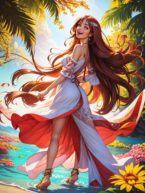 A youthful woman in her twenties, wearing a boho-chic sundress, her long chestnut hair cascading in loose waves, with warm hazel eyes and gracefully arched eyebrows, radiating a carefree and joyful expression, bangs , from behind, laughing,
masterpiece, best quality, intricate, digital art, photorealistic <lora:warlockandboobs:0.8> warlockandboobs
