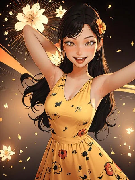 A woman in a vintage-inspired floral dress, her hair styled in loose waves, with a confident and radiant expression, bangs, open mouth, smile, spread arms, 
masterpiece, best quality,  <lora:laliberte:1> 3d, 3d background,