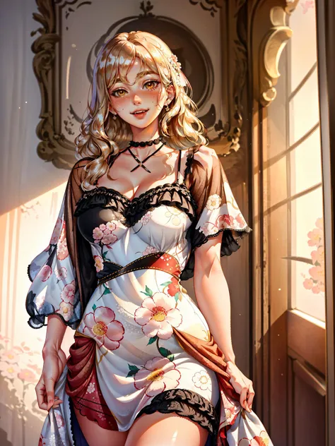 A woman in a vintage-inspired floral dress, her hair styled in loose waves, with a confident and radiant expression, bangs,
masterpiece, best quality, <lora:Sciamano240:1>, leaning to the side,