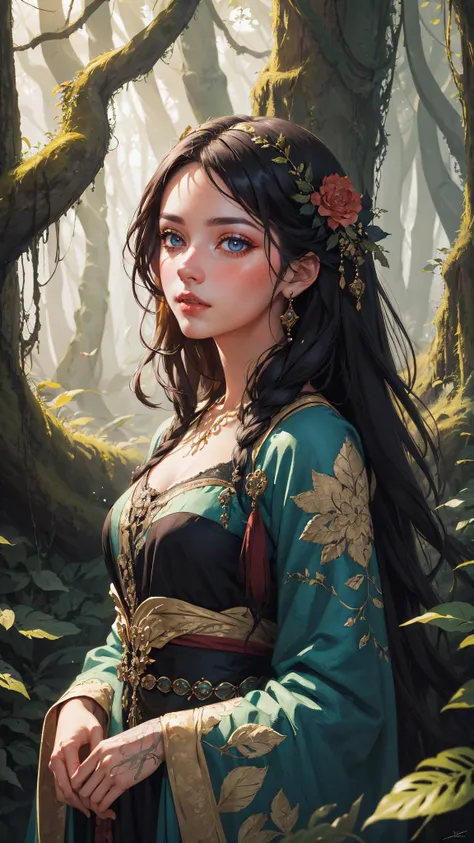 porrtrait of a woman in an ancient mystical forest with digital painting in a fantasy landscape style
masterpiece, best quality, intricate detail,