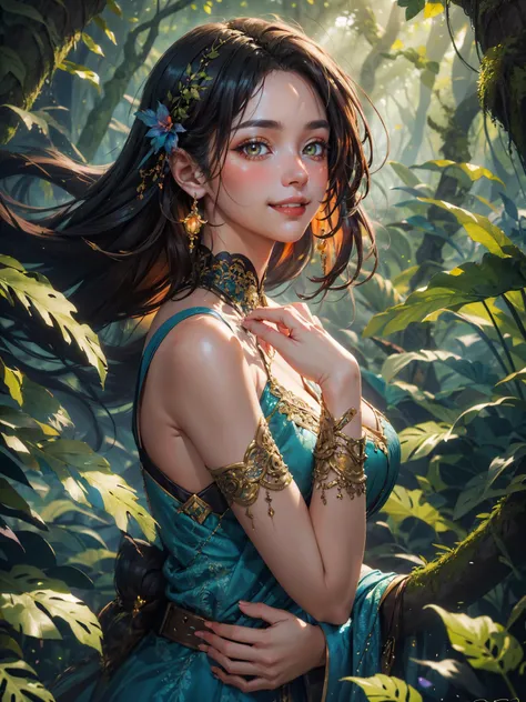 a woman in an ancient mystical forest with digital painting in a fantasy landscape style, seductive smile, 
 masterpiece, best quality, intricate detail, volumetric lighting <lora:add_detail:0.5>, dappled sunlight,  <lora:chinaDollLikeness_v10:0.5>