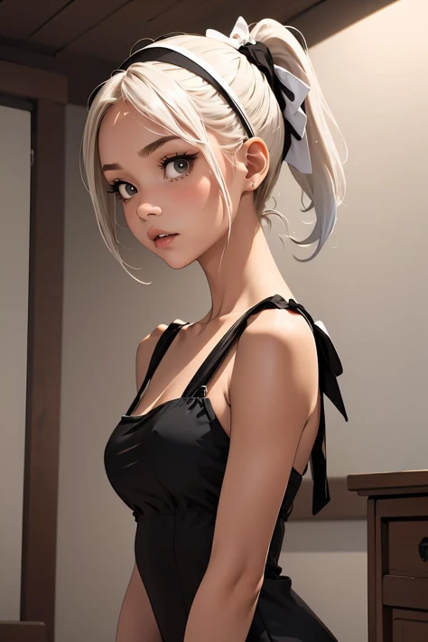 (masterpiece, best quality), 1girl, Pumpkin Spice High Ponytail with Wrapped Hairband, Size G breasts, <lora:wh1t3b0w:1> wh1t3b0w, black dress, white bow,