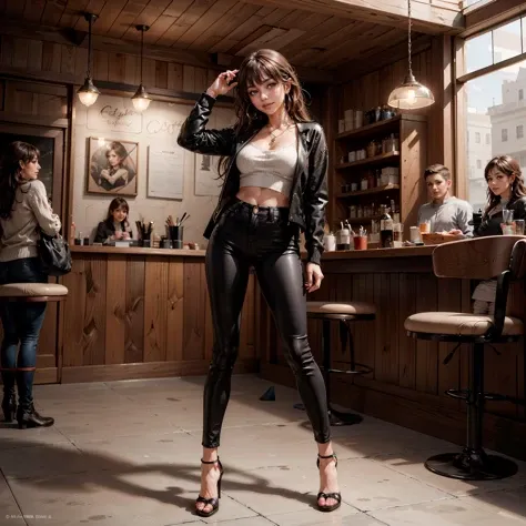 df_test_wb_800x600,shemale,dynamic angles,masterpiece,(detailed),(perfect skin),smiling,brown eyes,long hair,bangs,brown hair,Jewelry,earrings,hoop earrings,parted lips,wearing black leather jeans,and a cardigan sweater,in a coffee shop,(((full body))),(looking at viewer),(((photoshoot poses))),<lora:DF_test_wb_800x600-000005:0.7>,<lora:more_details:0.6>,photorealistic,natural Lighting,<lora:epiCRealismHelper:1>,<lora:GoodHands-vanilla:1>,