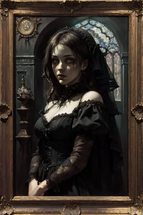 Masterpiece, oil painting, Dark realism,
Images of fate,
Darkest detail in beauty,
Modern gothic girl
