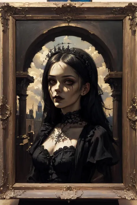 Masterpiece, oil painting, Dark realism,
Images of fate,
Darkest detail in beauty,
Modern gothic girl