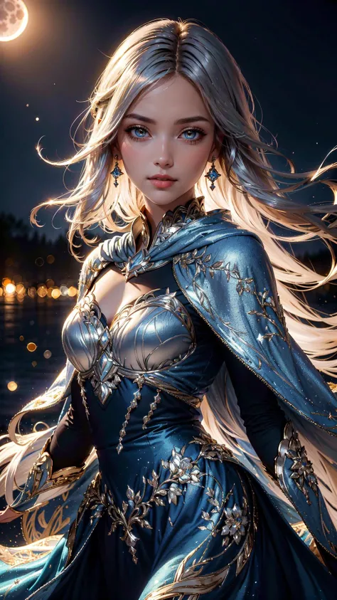 (best quality, masterpiece, colorful, dynamic angle, highest detailed), upper body shot, fashion photography of Diana,Long Silver Hair,Lunar Eclipse,Moonlight Cape, (ultrahigh resolution textures), bokeh, light passing through hair, (abstract background:1.3),(official art)