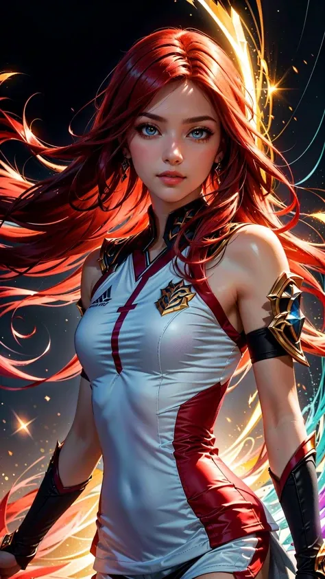 (best quality, masterpiece, colorful, dynamic angle, highest detailed), upper body shot, fashion photography of (Katarina,Shoulder-length Red Hair,Red Card Soccer Player,Assassin's Dagger), (league of legends), (ultrahigh resolution textures), bokeh, light passing through hair, (abstract background:1.3),(official art)