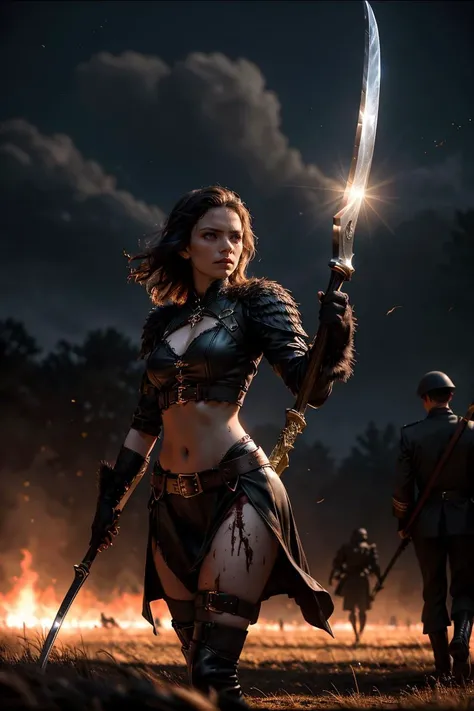 cinematic film still lady death swings her scythe, corpses strewn before her on the modern battlefield in a tableau of gore and viscera, planes in the dark, smoky sky, soldiers run away from the viewer in fear . shallow depth of field, vignette, highly detailed, high budget, bokeh, cinemascope, moody, epic, gorgeous, film grain, grainy