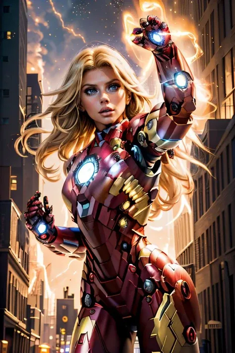 Professional photograph of epic action heroine, she's 27 year old blonde woman <lora:charlottemckinney:0.6> charlottemckinney (wearing a highly detailed Ironman suit), (highly detailed ironman suit). power suit, power armor, intense focus expression on her face, she's ((flying over the streets of Washington DC)), it's night time, there's cyberpunk lighting, modern epic battle, armageddon, fire explosions, rave-lighting, (she's flying) and (blasting energy from her gauntlets). Full red and gold iron man power armor, 4k, 8k, masterpiece, Marvel Cinematic Universe, Zack Snyder, epic shot, award winning movie poster <lora:Cyberpunk_style:0.35>. She has the correct number of fingers on her mechanical gauntlets.