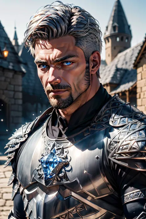 8k, Portrait of a fit muscular man, body builder, hero, masculine, detailed crystal blue eyes, (medieval dark gray armor with silver trim), metal reflections, upper body, outdoors, intense light, far away castle, professional photograph of a handsome man detailed, perfect boded sexy intense short blonde hair with red streaks, sharp focus, dramatic, award winning, cinematic lighting, volumetrics dtx, (film grain, blurry background, blurry foreground, bokeh, depth of field, interaction, Perfect chainmail), (masterpiece), (extremely intricate:1.3), (realistic), detailed engravings on  armor