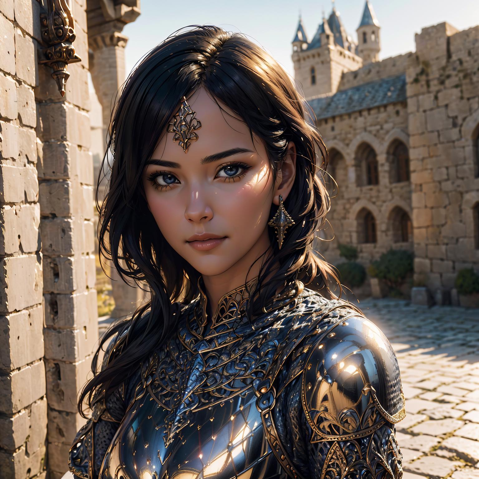 A close up of a woman in armor standing in front of a castle - SeaArt AI