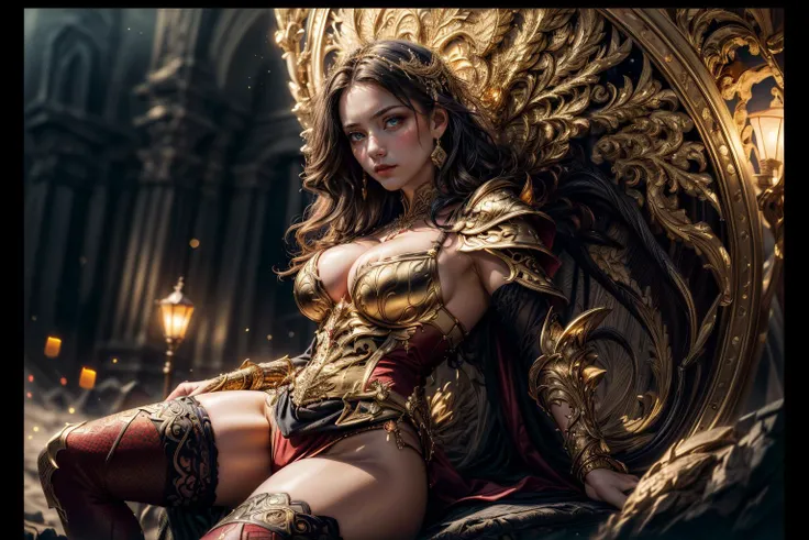 (best quality, masterpiece, colorful, dynamic angle, highest detailed),raw photo,(reality:1.4),colorful,(1girl),wearing dark red armor,cleavage,(no_legwear:1.2),sharp eyes at the audience,in the style of dark gold and red,fantasy characters,hyper - realistic portraits,Film Composition and dramatic Lighting,insanely detailed and intricate,[<lora:IvoryGoldAIv2:0.4>],IvoryGoldAI,<lora:å¥³çAdd More Details - Detail Enhancer _ Tweaker (ç»èè°æ´) LoRA_v1.0:0.8>,panorama,(masterpiece, best quality, highres:1.2),((Style-DoF)),