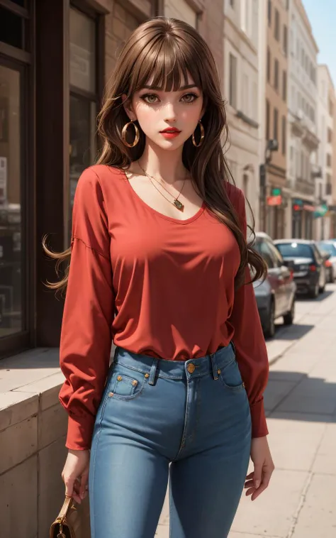 1girl, bangs, light brown hair, blunt bangs, brown eyes, denim, earrings, jeans, jewelry, lips, long hair, long sleeves, looking at viewer, necklace, pants, red lips, shirt, solo,  standing, looking at another, 
masterpiece, best quality, toon \(style\),
