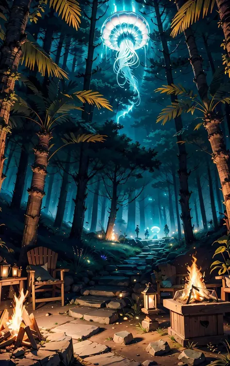 ((An outside)) Long Shot of an fantasy ethereal grove of druidic wisdom, cob, bioluminescent jellyfish,outdoor fire pit, strobe lights, fern around it