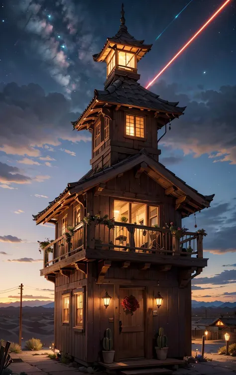 ((An outside)) Wide Shot of an fantasy enchanted rose tower, plywood,thatch roofing roof, oil lamps, laser lights, desert plant around it