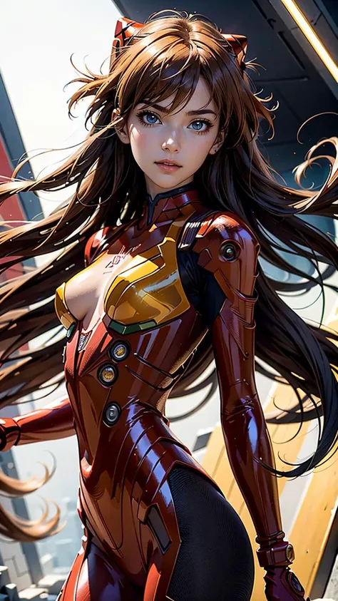 (masterpiece, best quality, highres:1.2), (photorealistic:1.2), (intricate and beautiful:1.2), (detailed light:1.2), (soft lighting, side lighting, reflected light), (colorful, dynamic angle),(Asuka Langley), upper body shot, fashion photography of cute, intense long hair, (Asuka Langley), dressing high detailed Evangelion red suit in dynamic pose, bokeh, light passing through hair, (abstract background:1.3), (perfect skin),