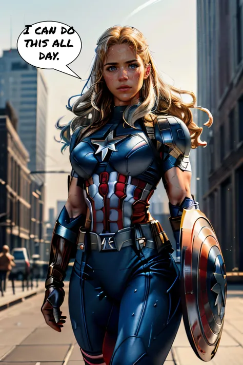 Professional digital art of beautiful blonde woman, GA1 as Captain America, (wearing Captain Americafull uniform) (action heroine) she has a ((muscular body)), (action scene, movie-shot), (Ready to fight) (Holding captain America's shield) in the streets of New York City, (Statue of Liberty in the background), New York winter weather, night time, ray-tracing, The city is under attack. (ongoing battle). Fire explosions, military airplanes in the sky (f16's). (determined look). (Messy hair) Soldiers in the background. 4k, bokeh, 8k, masterpiece, highest quality, highly detailed Captain Britain outfit, 36y0 muscular woman posing, hi-res, hdr. <lora:GemmAtkinsbyMal:1> <lora:add_detail:0.5>. (She's sweaty and battle weary:1.2) <lora:zoom_slider_v1:-0.5>