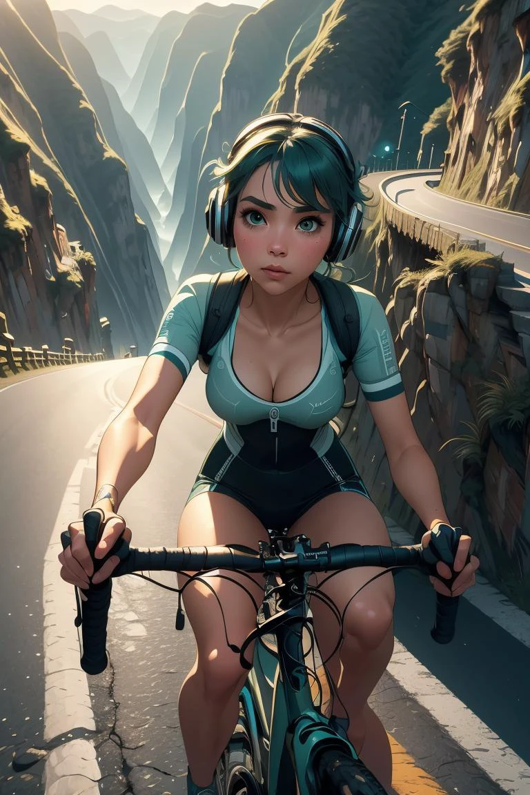 (masterpiece, best quality), 1girl,Sea green Side-Swept Updo with Twisted Detail, Size G breasts, <lora:girllikeyungasroad:1> closeup, riding a road bike, handlebar, yungas road, downhill, cliff, steep slope, headphones, backpack