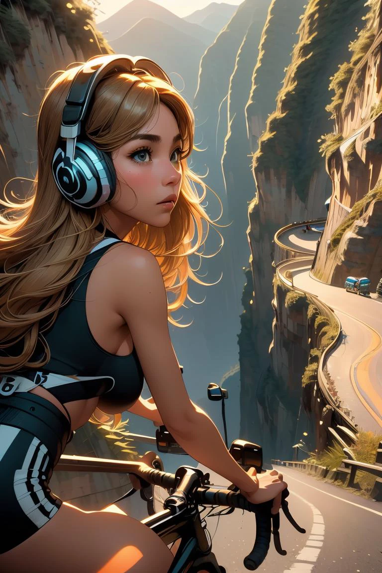 (masterpiece, best quality), 1girl,Honey Blonde Highlights on Brown High Fade with Textured Side Swept Hair, Size B breasts, <lora:girllikeyungasroad:1> closeup, riding a road bike, handlebar, yungas road, downhill, cliff, steep slope, headphones, backpack