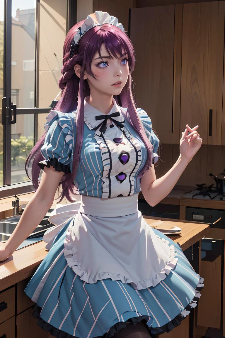 (masterpiece, best quality), 1girl, <lora:makuzawa_ouka_v1:1> 1girl, solo, long hair, purple hair, braid, maid headdress, purple eyes, neck ribbon, frills, vertical stripes, blue dress, short sleeves, apron, black pantyhose
