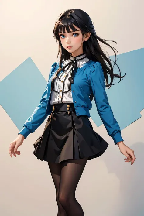 (masterpiece, best quality), 1girl,  <lora:Mogami:1> MogamiDef, black hair, long hair, blush, bangs, blue eyes, sidelocks, blunt bangs, skirt, shirt, long sleeves, jacket, white shirt, pantyhose, frills, open clothes, black skirt, open jacket, neck ribbon, ribbon, hair intakes, blue jacket, brown pantyhose, green ribbon, center frills, frilled shirt