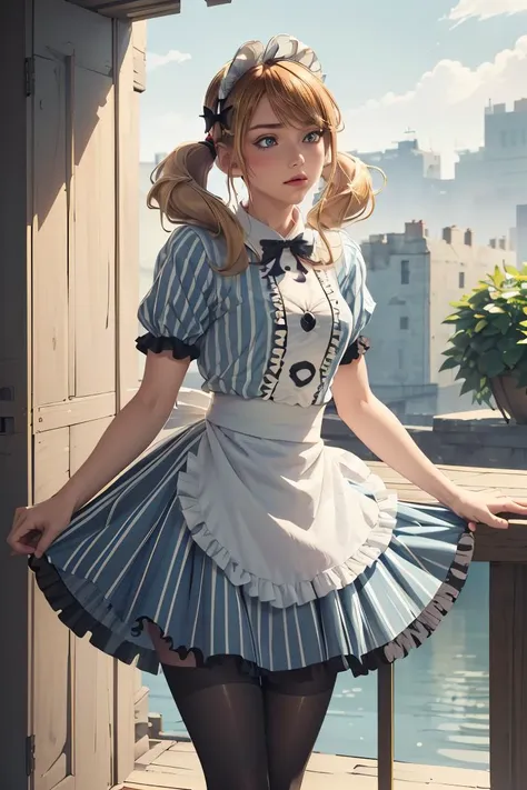 (masterpiece, best quality), 1girl,  <lora:tsukishima_riho_v1:1> 1girl, solo, blonde hair, low twintails, maid headdress, hair bow, green eyes, neck ribbon, frills, vertical stripes, blue dress, short sleeves, apron, black pantyhose