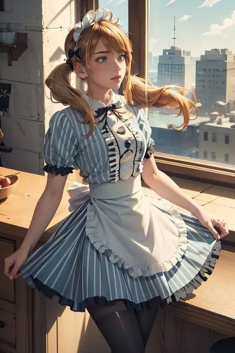 (masterpiece, best quality), 1girl,  <lora:tsukishima_riho_v1:1> 1girl, solo, blonde hair, low twintails, maid headdress, hair bow, green eyes, neck ribbon, frills, vertical stripes, blue dress, short sleeves, apron, black pantyhose