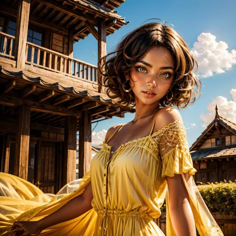 1girl, short hair, curly hair, yellow eyes, long dress, 1950s \(style\), closed mouth,  blue sky, parted lips, 
masterpiece, best quality, intricate detail 
 <lora:add_sharpness:1> <lora:add_detail:0.5>