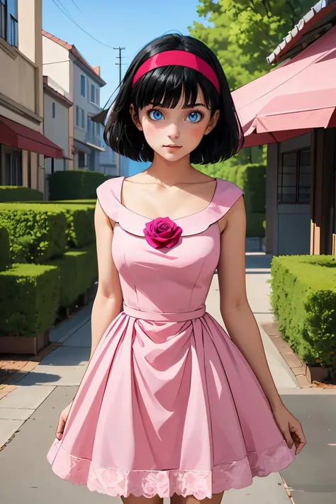 (masterpiece, best quality), 1girl,   <lora:videldbspinkdress_ex_01:0.8> videldbspinkdress, 1girl, solo, black hair, dress, blue eyes, hairband, short hair, pink dress, flower, rose, red hairband