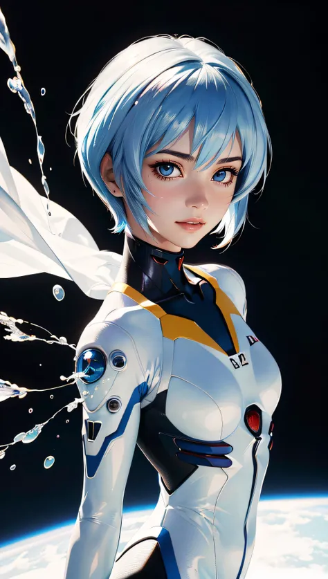 (best quality, masterpiece, colorful, dynamic angle, highest detailed)(Rei Ayanami), upper body photo, fashion photography of cute girl (Rei Ayanami), dressing high detailed Evangelion white suit (high resolution textures), in dynamic pose, bokeh, (intricate details, hyperdetailed:1.15), detailed, sunlight passing through hair, monocromatic splash art background(high contrast, official art, extreme detailed, highest detailed),