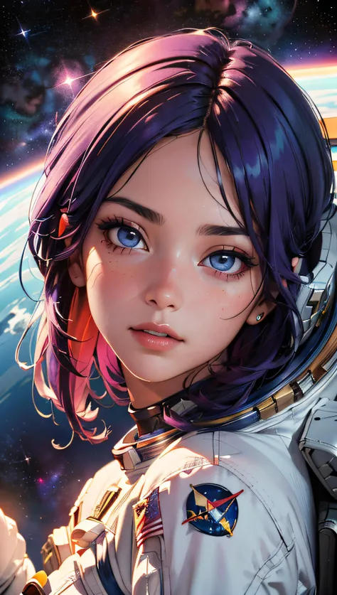 (best quality, masterpiece, perfect face, beautiful and aesthetic:1.2, colorful, dynamic angle, highest detailed face) fashion photography of cute astronaut girl with long iridiscent purple hair, in space (intricate details, hyperdetailed:1.15), detailed, sunlight passing through hair, (beautiful galaxy background), (high contrast, official space art, extreme detailed, highest detailed), HDR+