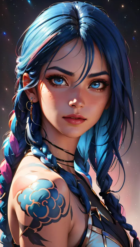 a stylized art of a woman in a pretty dress with blue hair, 1girl, solo, jewelry, earrings, blue eyes, looking at viewer, mole, black background, red hair