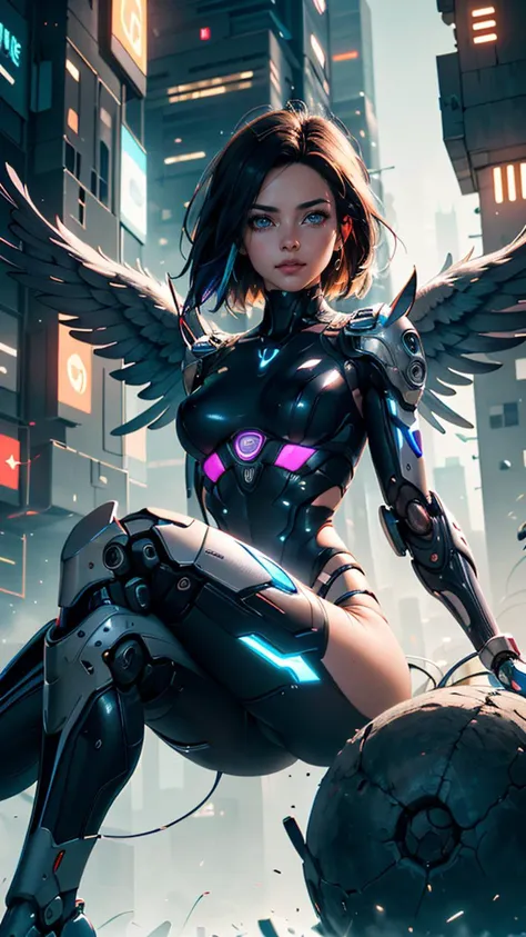 (best quality, masterpiece, colorful, highest detailed) upper body photo, fashion photography of cute (Battle Angel Alita), mechanical arms, detailed cyborg body, glowing body parts, sitting, perfect bobbed black hair, (ultra-detailed body), (light smile:0.3), softlight passing through hair, (distopian futuristic city beautiful background:1.3), (light:1.2), (dynamic angle), (intricate details), (dynamic angle), dark mood, dystopia