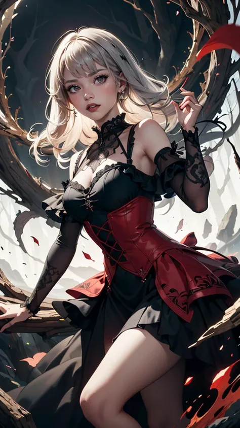 (masterpiece drawning, high quality), (solo:1.1), a digital art of a girl, high detailed gothic dress, (red/white/black), mistery forest, extreme details, (vibrant color), (intricate details), (dynamic angle)