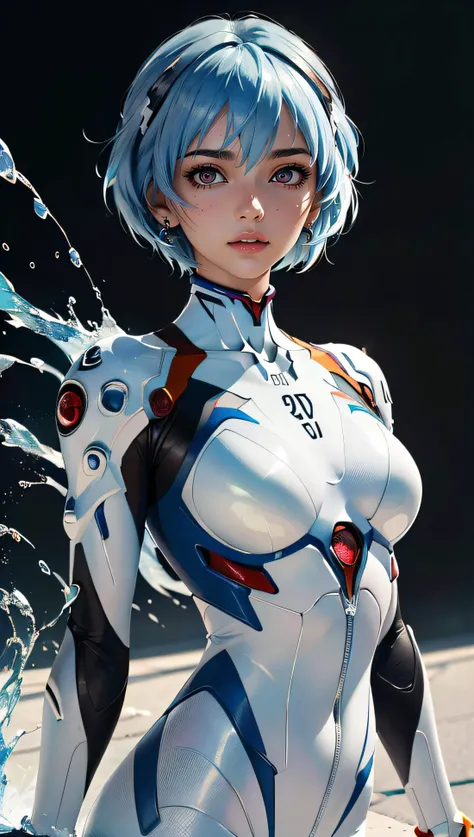 (best quality, masterpiece, colorful, dynamic angle, highest detailed)(\Rei Ayanami\), upper body photo, fashion photography of cute girl (\Rei Ayanami\), red eyes, dressing high detailed Evangelion white suit (high resolution textures), in dynamic pose, bokeh, (intricate details, hyperdetailed:1.15), detailed, sunlight passing through hair, splash art background(high contrast, official art, extreme detailed, highest detailed),