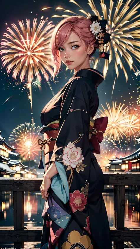 (best quality, masterpiece, colorful, dynamic angle, highest detailed) upper body shot, fashion photography of a cute European girl with iridiscent pink hair, flirting with POV, in traditional japanese gold&black kimono, ultra detailed kimono textures, Kyoto, fireworks, light passing through hair, (official art)