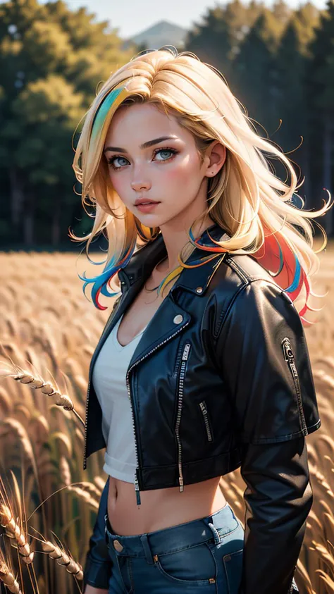 (best quality, masterpiece, colorful, highest detailed) upper body photo, fashion photography of cute (Belén Rodríguez), long, straight hair, (light smile:0.3), wearing leather jacket and ripped jeans, wheat field, picturesque, rural background, upper body shot,sharp, colorful, ultra realistic, cinematic, blue and yellow:0.85), dim colors,