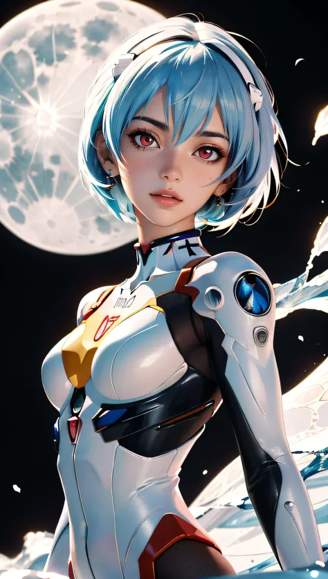 (best quality, masterpiece, colorful, dynamic angle, highest detailed)(\Rei Ayanami\), upper body photo, fashion photography of cute girl (\Rei Ayanami\), red eyes, dressing high detailed Evangelion white suit (high resolution textures), in dynamic pose, bokeh, (intricate details, hyperdetailed:1.15), detailed, moonlight passing through hair, (colorful abstract art background, official art, extreme detailed, highest detailed),